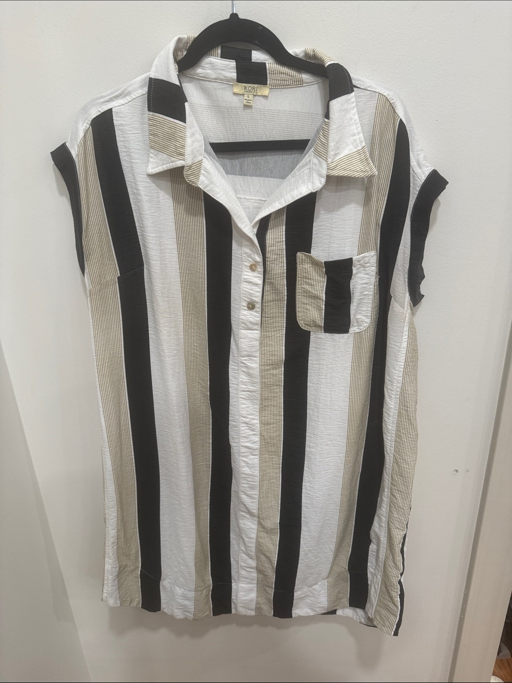 Kori Black, Cream & White Vertical Stripe Short Sleeve Tunic/Dress- Large